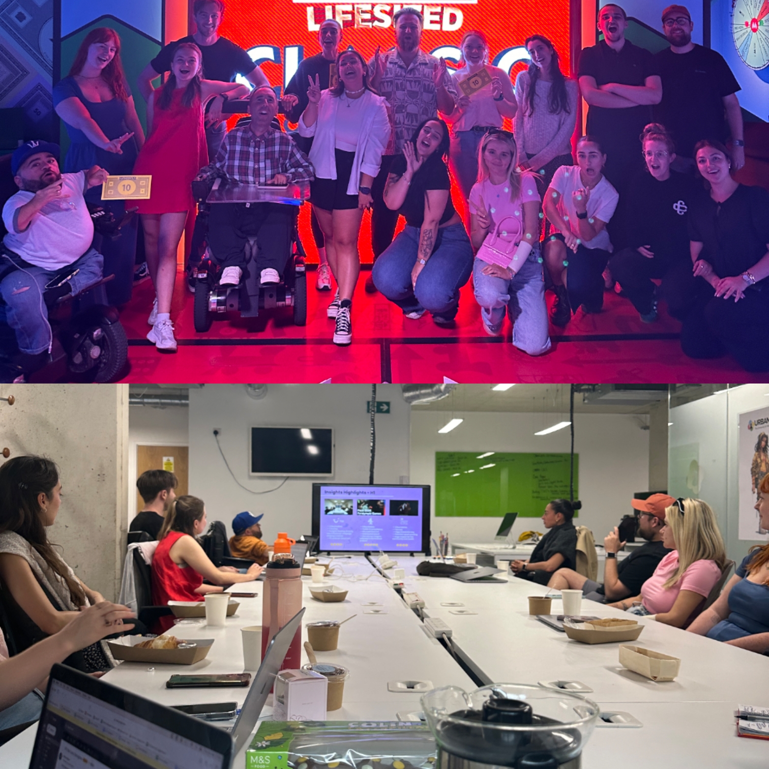 A two-part image showcasing the Purple Goat team. The top half shows the team at a social event, standing in front of a bright red backdrop with the words 'Lifestyled Classics' illuminated behind them. The group is smiling and posing, with some members holding Monopoly-themed props. Martyn Sibley is in the center, seated in his wheelchair. The bottom half of the image captures a business meeting, with team members seated around a long table, attentively watching a presentation displayed on a screen in a modern office setting.