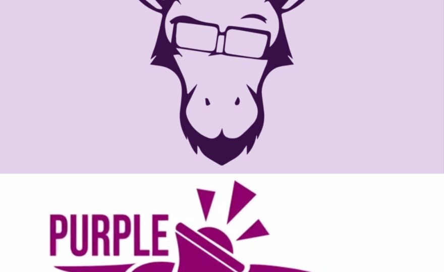 This image is a split visual showcasing two logos: the top half features the Purple Goat logo, a stylized image of a goat's head wearing glasses, representing the agency's focus on disability inclusion and marketing. The bottom half displays the Purple Collective logo, with a megaphone symbol, emphasizing the collective's commitment to social change, disability activism, and community-led campaigns. Both logos are united by a shared purple theme, symbolising their dedication to disability empowerment and advocacy.