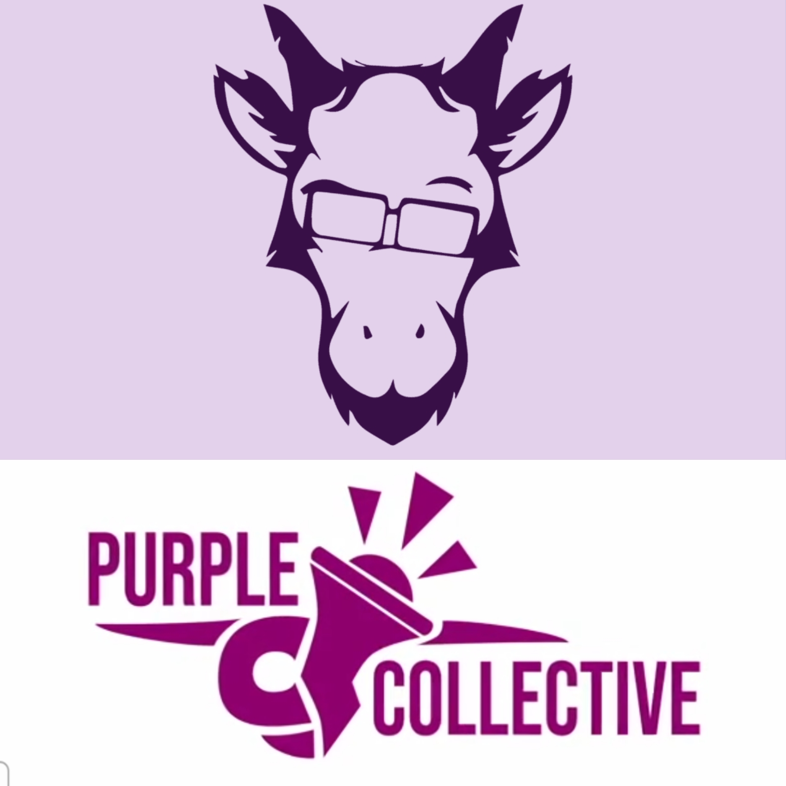 This image is a split visual showcasing two logos: the top half features the Purple Goat logo, a stylized image of a goat's head wearing glasses, representing the agency's focus on disability inclusion and marketing. The bottom half displays the Purple Collective logo, with a megaphone symbol, emphasizing the collective's commitment to social change, disability activism, and community-led campaigns. Both logos are united by a shared purple theme, symbolising their dedication to disability empowerment and advocacy.