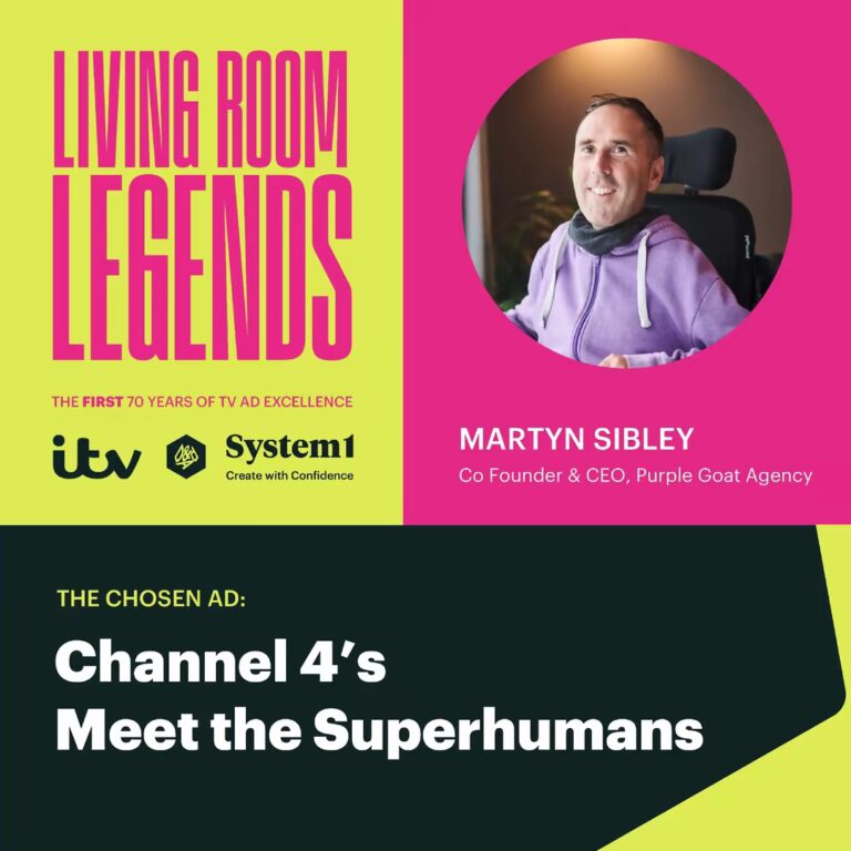Promotional graphic for ITV’s “Living Room Legends” campaign celebrating 70 years of TV advertising excellence. The image features a photo of Martyn Sibley, Co-Founder and CEO of Purple Goat Agency, wearing a purple hoodie and smiling. Text reads: “Living Room Legends – The first 70 years of TV ad excellence. ITV, D&AD, System1. The chosen ad: Channel 4’s Meet the Superhumans.” The design uses bright pink, yellow, and black colours.