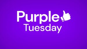 Purple Tuesday logo featuring white text on a solid purple background with a white thumbs-up icon