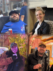 A collage of four individual photos showing the senior management team at Purple Goat. Top left: Dom, smiling in a blue sweatshirt and black cap, holding a drink. Top right: Dani, wearing glasses and a black jacket, smiling while seated indoors. Bottom left: Harriet, wearing a dark cap and brown coat, smiling and holding a cup in front of a Christmas tree with lights. Bottom right: Dan, wearing glasses, tan cap, and a dark jacket, smiling while holding a beer mug in a warm, festive setting.