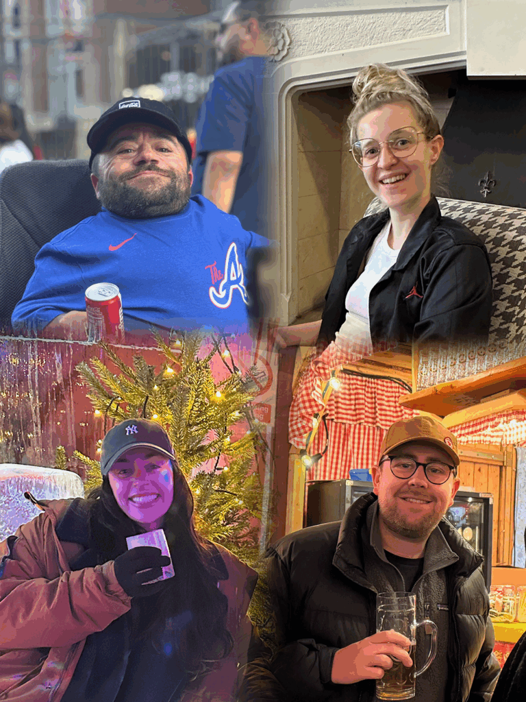 A collage of four individual photos showing the senior management team at Purple Goat. Top left: Dom, smiling in a blue sweatshirt and black cap, holding a drink. Top right: Dani, wearing glasses and a black jacket, smiling while seated indoors. Bottom left: Harriet, wearing a dark cap and brown coat, smiling and holding a cup in front of a Christmas tree with lights. Bottom right: Dan, wearing glasses, tan cap, and a dark jacket, smiling while holding a beer mug in a warm, festive setting.