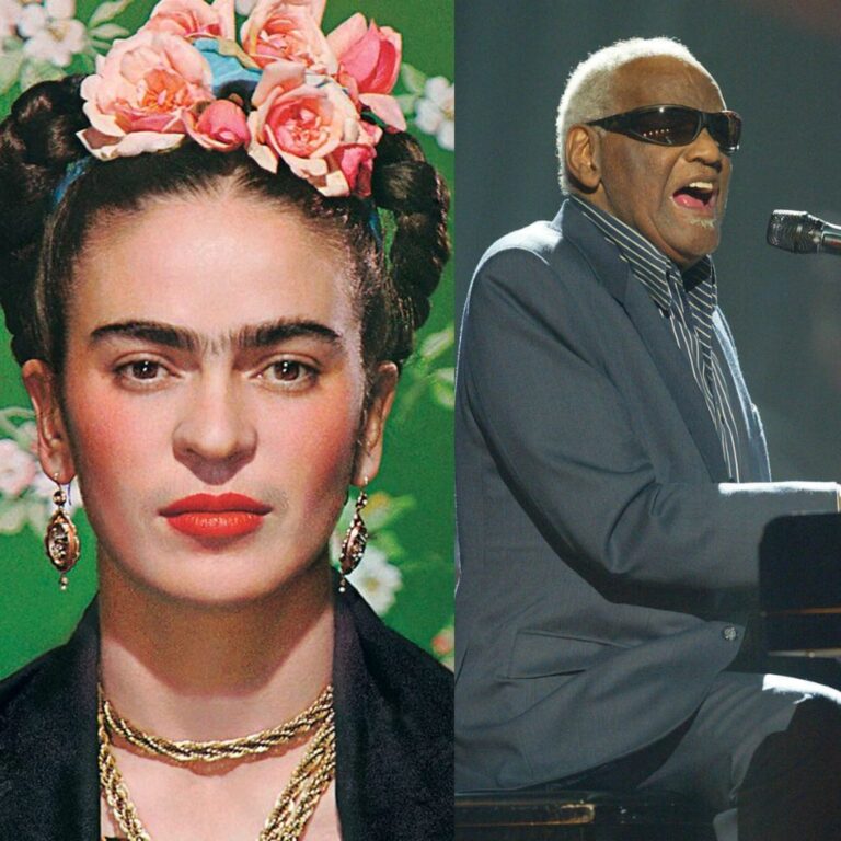 Side by side images of Frida Kahlo and Ray Charles. On the left, Frida Kahlo faces forward with flowers in her hair and a green floral background. On the right, Ray Charles, wearing sunglasses and a suit, sings while playing the piano onstage.