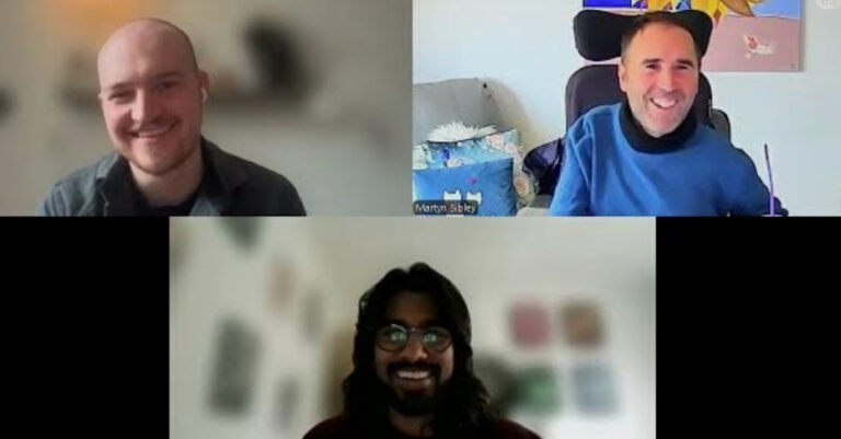 Three people on a video podcast call in a grid layout. Two co-founders and a host are smiling on screen, each in their own space, mid-conversation about healthcare, technology, and social impact.