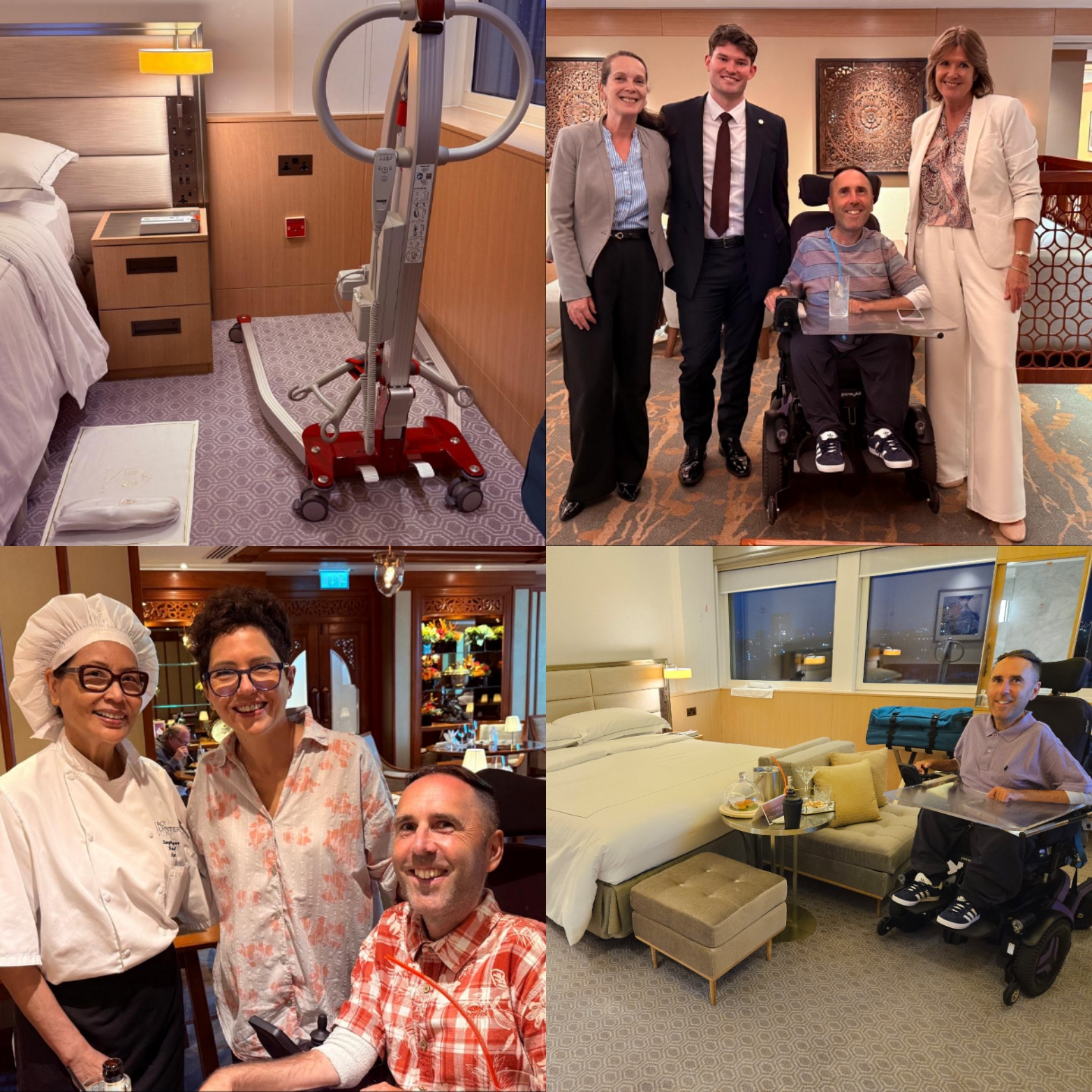 A four-image collage showing a mobile hoist in an accessible room at the Royal Lancaster London, Martyn Sibley with members of the hotel team